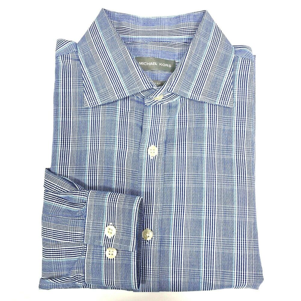 Michael Kors Mens Size 16 Large Slim Fit Blue Dress Shirt Plaid 32/33 Sleeve - Picture 1 of 7